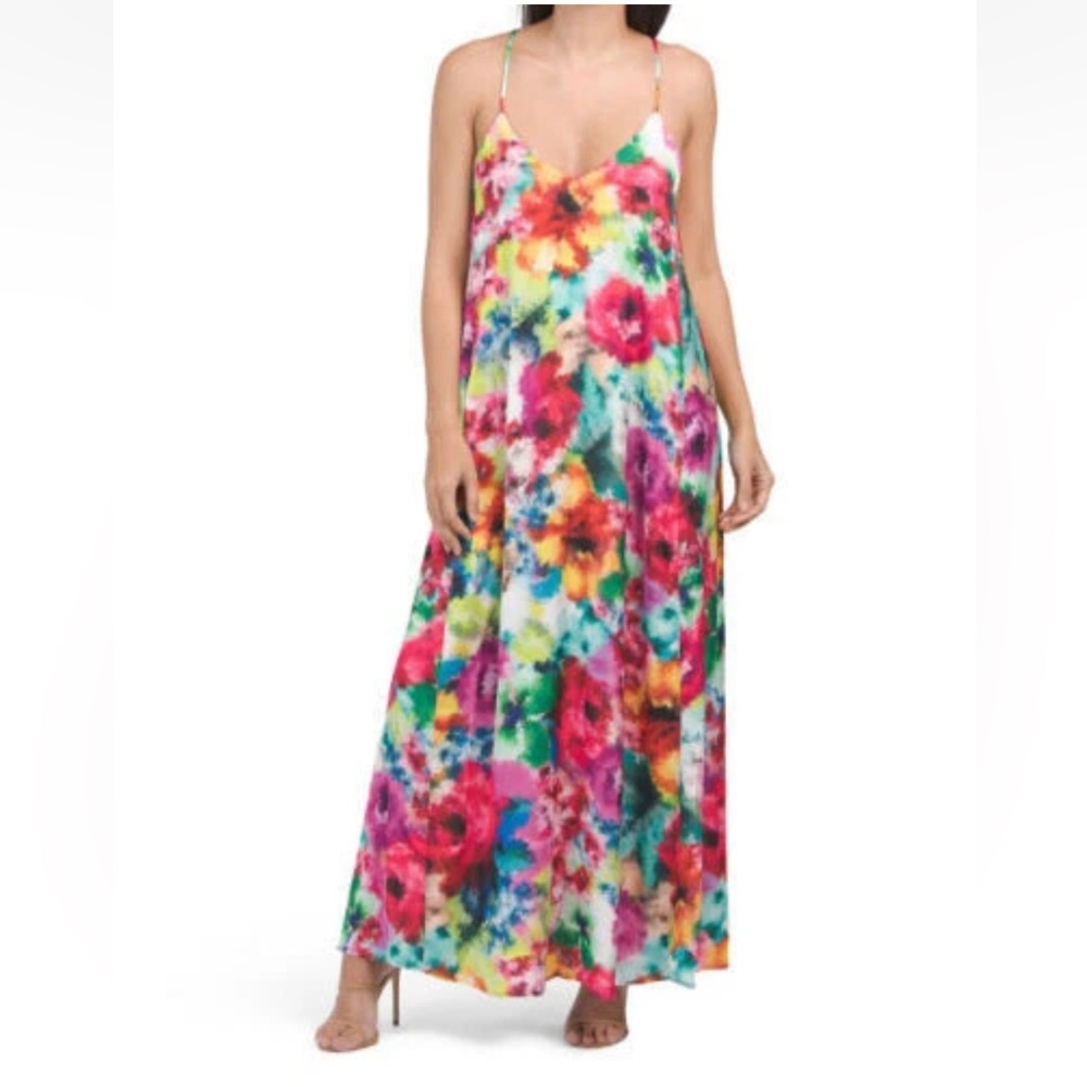 NICOLE MILLER Watercolor Floral Maxi Dress Spaghetti Straps Racerback Pockets XS